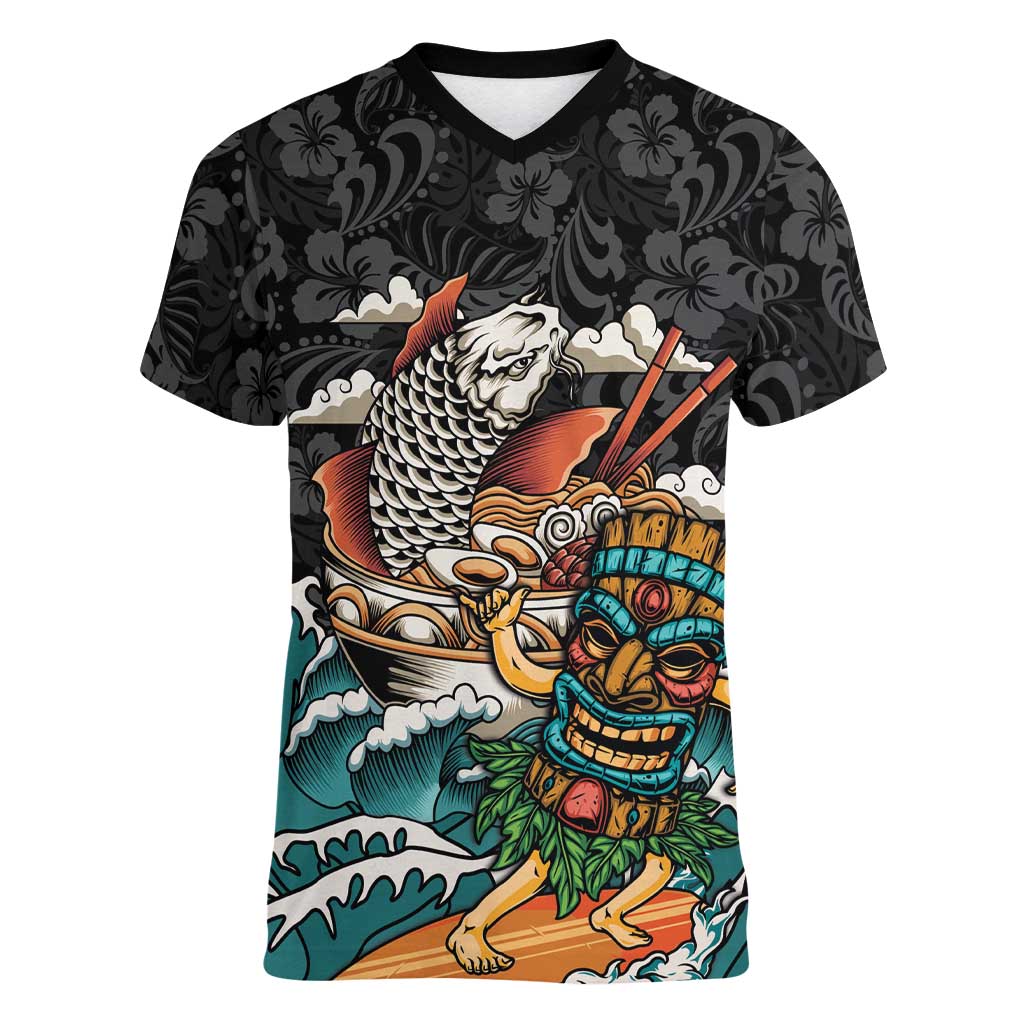 Personalized Japanese Koi Fish Ramen Women V-Neck T-Shirt Tiki Surfing Wagara Hibiscus Pattern
