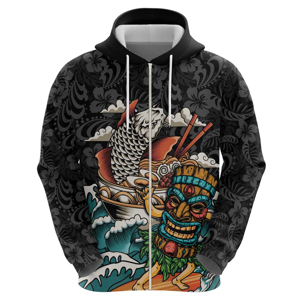 Personalized Japanese Koi Fish Ramen Zip Hoodie Tiki Surfing Wagara Hibiscus Pattern LT9 - Polynesian Pride