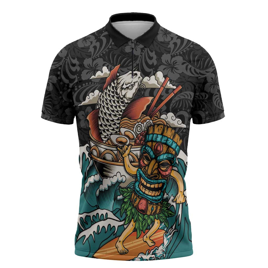 Personalized Japanese Koi Fish Ramen Zipper Polo Shirt Tiki Surfing Wagara Hibiscus Pattern