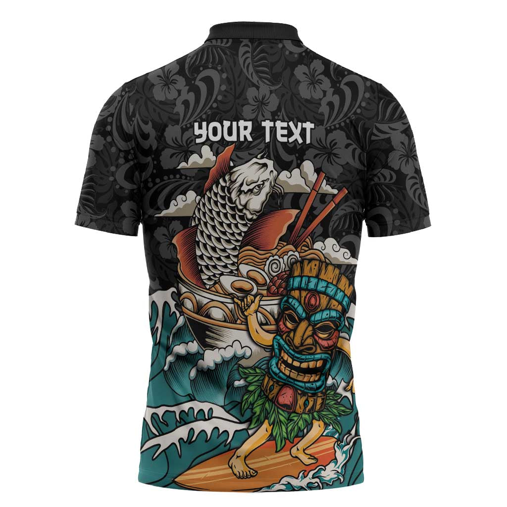 Personalized Japanese Koi Fish Ramen Zipper Polo Shirt Tiki Surfing Wagara Hibiscus Pattern