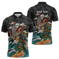Personalized Japanese Koi Fish Ramen Zipper Polo Shirt Tiki Surfing Wagara Hibiscus Pattern