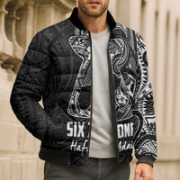 Black Guam Latte Stone Tribal Tattoo Bomber Puffer Jacket Hafa Adai Six 7 One - Polynesian Pride