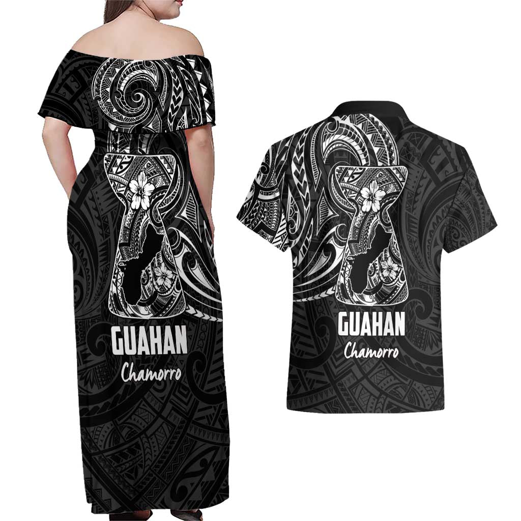 Black Guam Latte Stone Tribal Tattoo Couples Matching Off Shoulder Maxi Dress and Hawaiian Shirt Hafa Adai Six 7 One