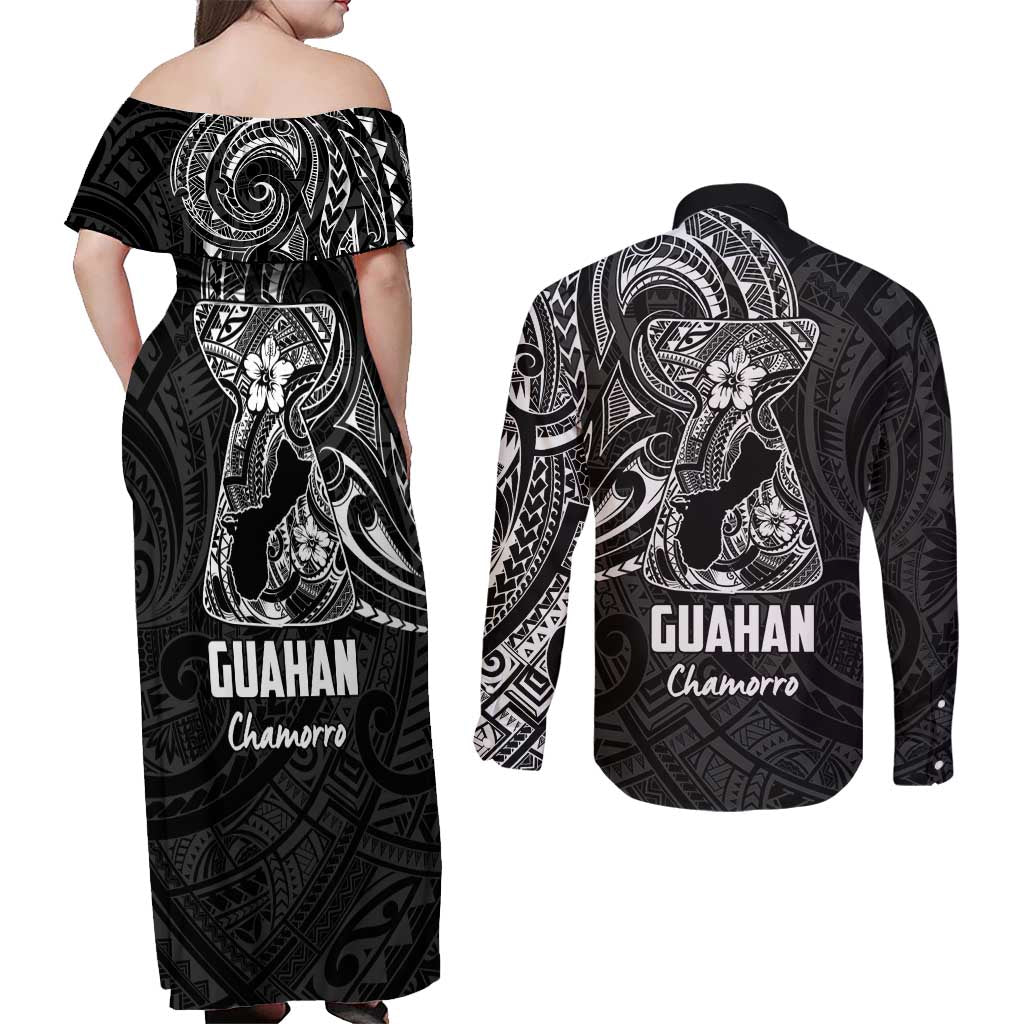 Black Guam Latte Stone Tribal Tattoo Couples Matching Off Shoulder Maxi Dress and Long Sleeve Button Shirt Hafa Adai Six 7 One