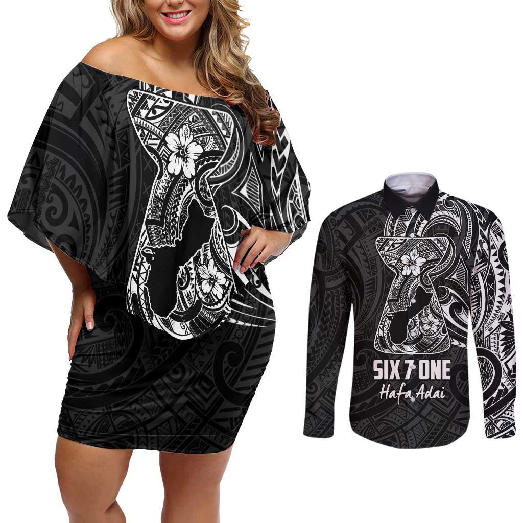 Black Guam Latte Stone Tribal Tattoo Couples Matching Off Shoulder Short Dress and Long Sleeve Button Shirt Hafa Adai Six 7 One
