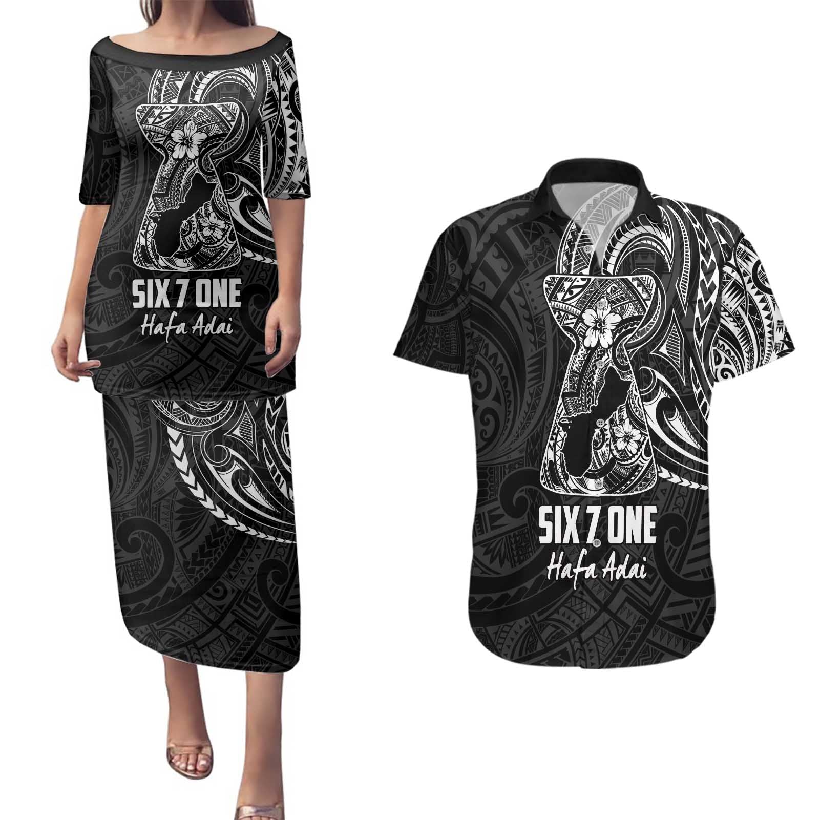 Black Guam Latte Stone Tribal Tattoo Couples Matching Puletasi and Hawaiian Shirt Hafa Adai Six 7 One