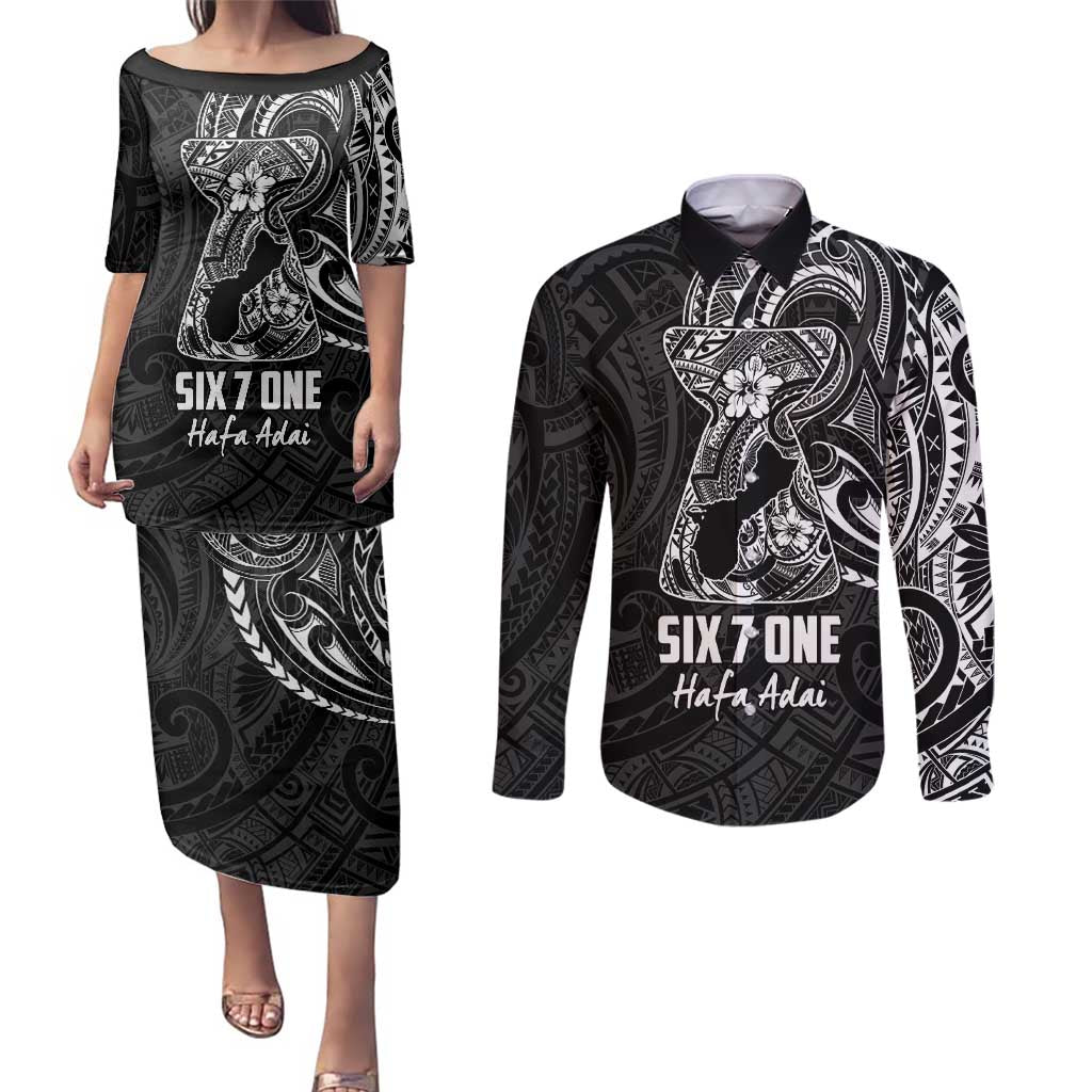 Black Guam Latte Stone Tribal Tattoo Couples Matching Puletasi and Long Sleeve Button Shirt Hafa Adai Six 7 One