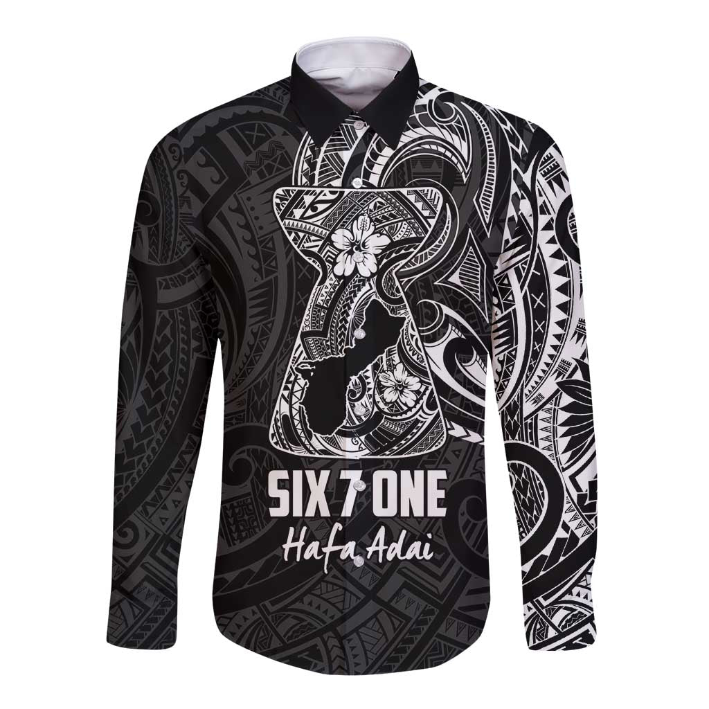 Black Guam Latte Stone Tribal Tattoo Long Sleeve Button Shirt Hafa Adai Six 7 One