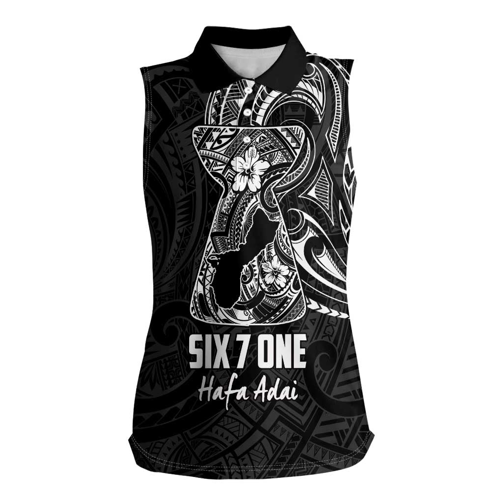Black Guam Latte Stone Tribal Tattoo Women Sleeveless Polo Shirt Hafa Adai Six 7 One