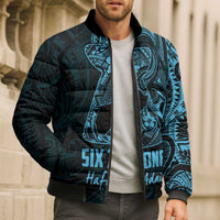Blue Guam Latte Stone Tribal Tattoo Bomber Puffer Jacket Hafa Adai Six 7 One - Polynesian Pride