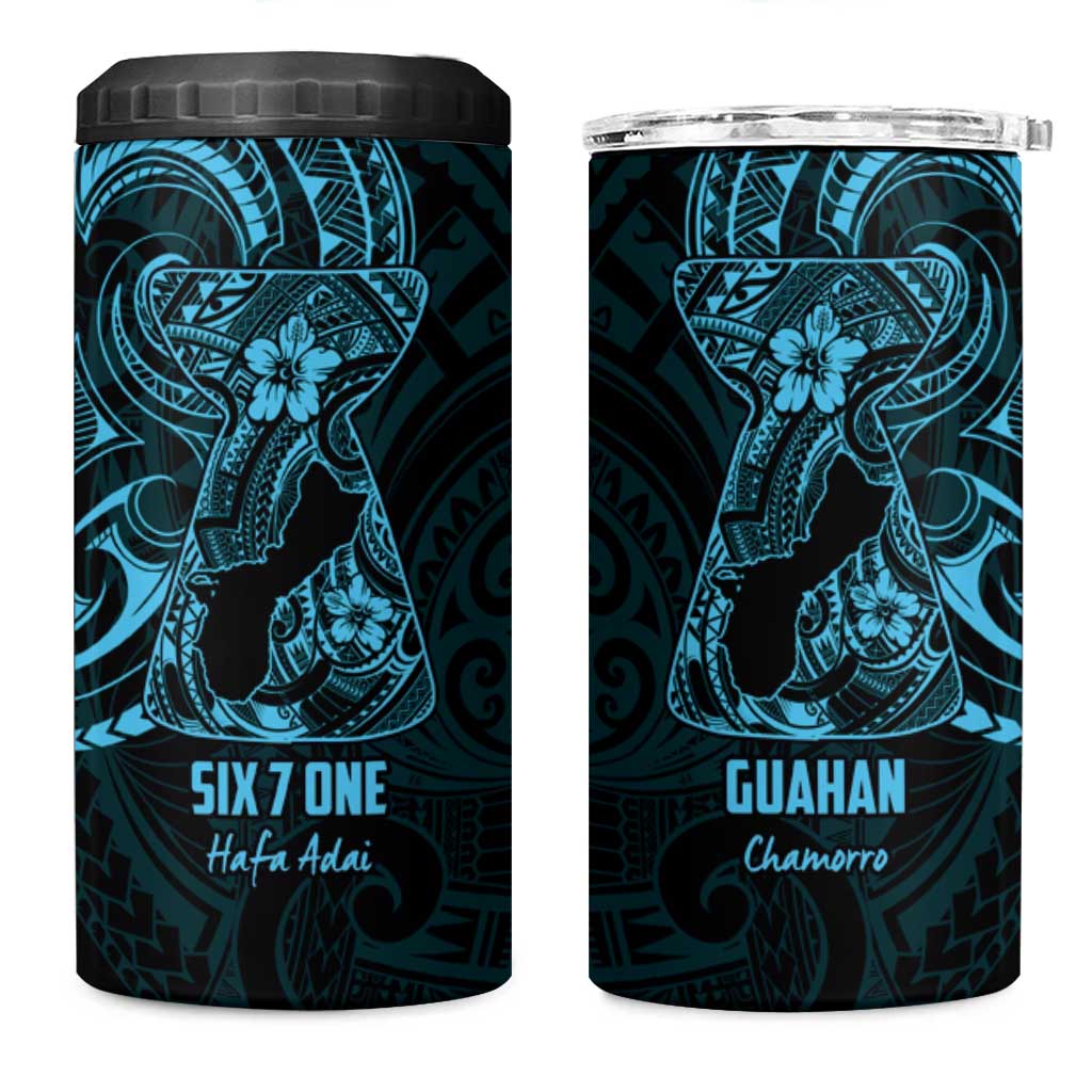 Blue Guam Latte Stone Tribal Tattoo 4 in 1 Can Cooler Tumbler Hafa Adai Six 7 One