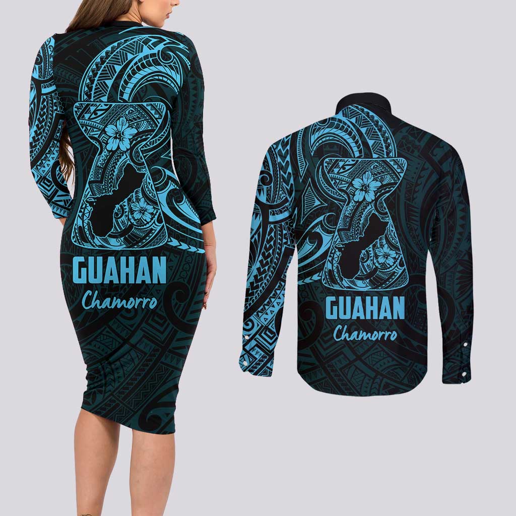 Blue Guam Latte Stone Tribal Tattoo Couples Matching Long Sleeve Bodycon Dress and Long Sleeve Button Shirt Hafa Adai Six 7 One