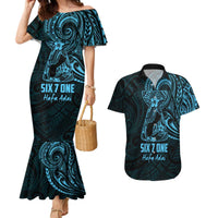 Blue Guam Latte Stone Tribal Tattoo Couples Matching Mermaid Dress and Hawaiian Shirt Hafa Adai Six 7 One