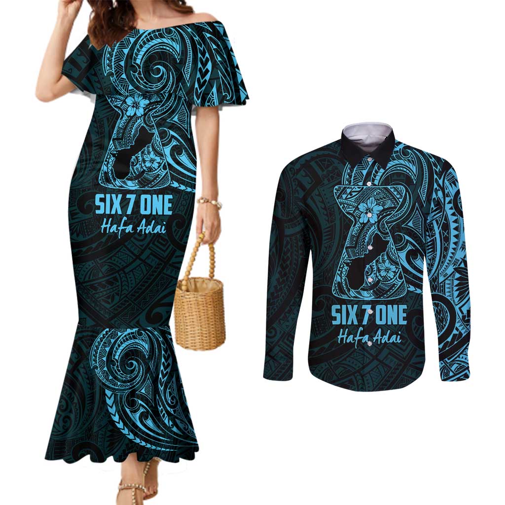 Blue Guam Latte Stone Tribal Tattoo Couples Matching Mermaid Dress and Long Sleeve Button Shirt Hafa Adai Six 7 One