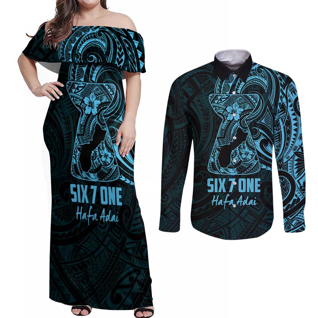 Blue Guam Latte Stone Tribal Tattoo Couples Matching Off Shoulder Maxi Dress and Long Sleeve Button Shirt Hafa Adai Six 7 One