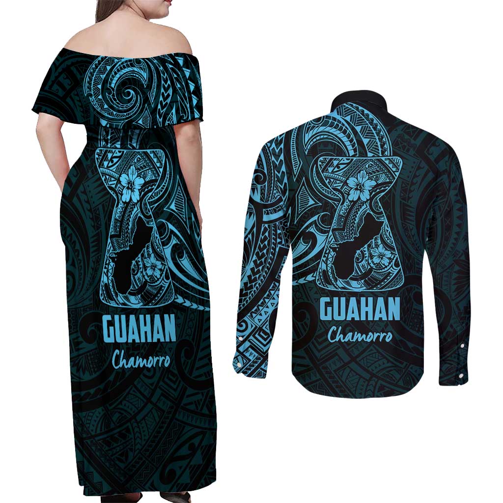 Blue Guam Latte Stone Tribal Tattoo Couples Matching Off Shoulder Maxi Dress and Long Sleeve Button Shirt Hafa Adai Six 7 One