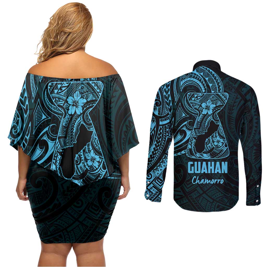 Blue Guam Latte Stone Tribal Tattoo Couples Matching Off Shoulder Short Dress and Long Sleeve Button Shirt Hafa Adai Six 7 One