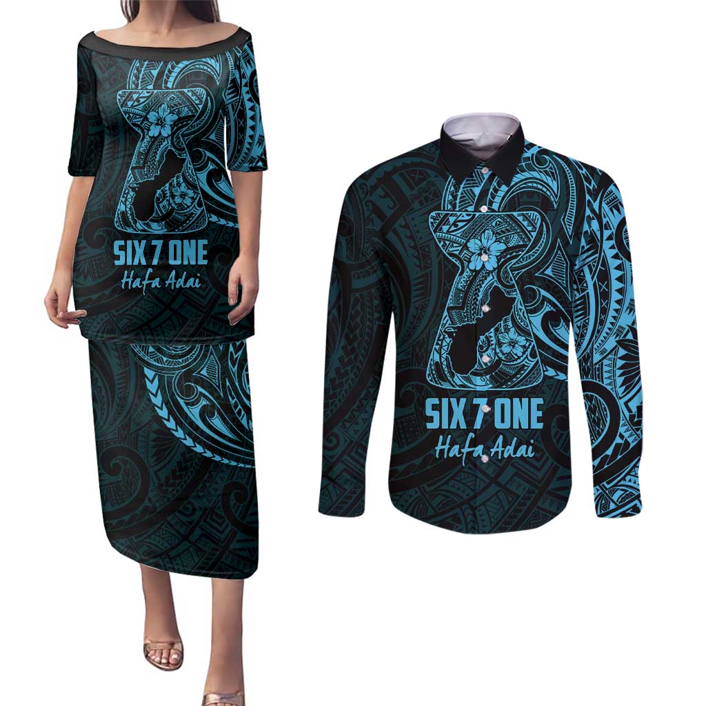 Blue Guam Latte Stone Tribal Tattoo Couples Matching Puletasi and Long Sleeve Button Shirt Hafa Adai Six 7 One