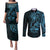 Blue Guam Latte Stone Tribal Tattoo Couples Matching Puletasi and Long Sleeve Button Shirt Hafa Adai Six 7 One