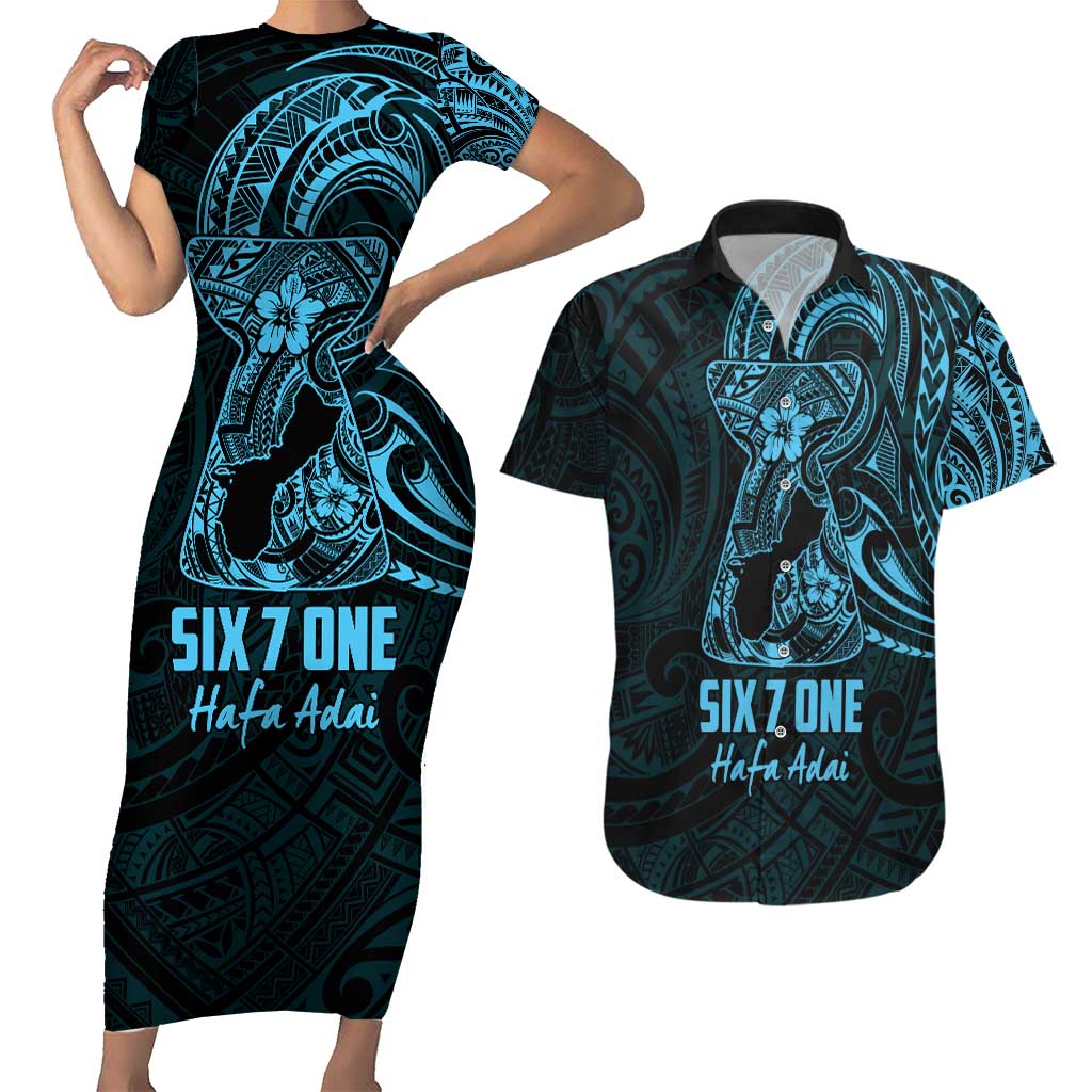 Blue Guam Latte Stone Tribal Tattoo Couples Matching Short Sleeve Bodycon Dress and Hawaiian Shirt Hafa Adai Six 7 One