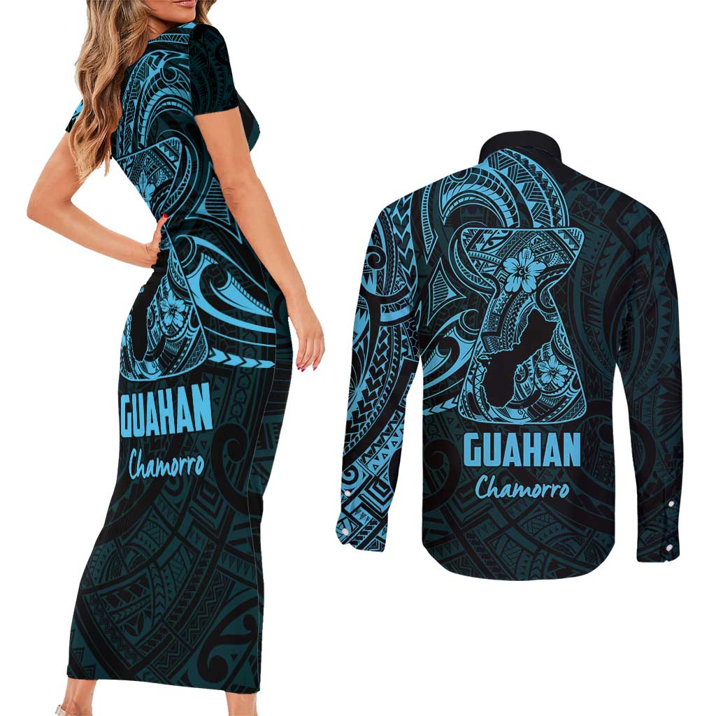 Blue Guam Latte Stone Tribal Tattoo Couples Matching Short Sleeve Bodycon Dress and Long Sleeve Button Shirt Hafa Adai Six 7 One