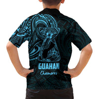 Blue Guam Latte Stone Tribal Tattoo Family Matching Long Sleeve Bodycon Dress and Hawaiian Shirt Hafa Adai Six 7 One