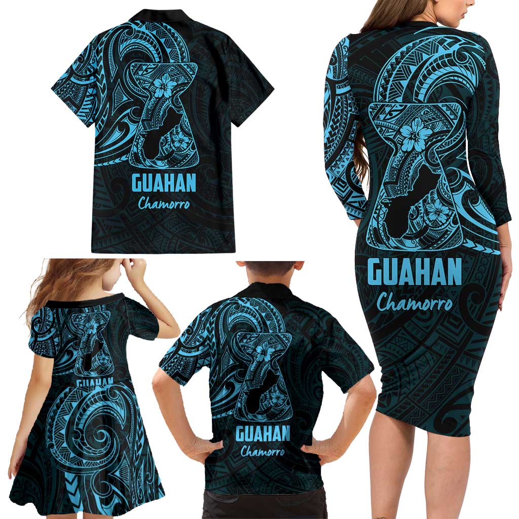 Blue Guam Latte Stone Tribal Tattoo Family Matching Long Sleeve Bodycon Dress and Hawaiian Shirt Hafa Adai Six 7 One