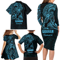 Blue Guam Latte Stone Tribal Tattoo Family Matching Long Sleeve Bodycon Dress and Hawaiian Shirt Hafa Adai Six 7 One