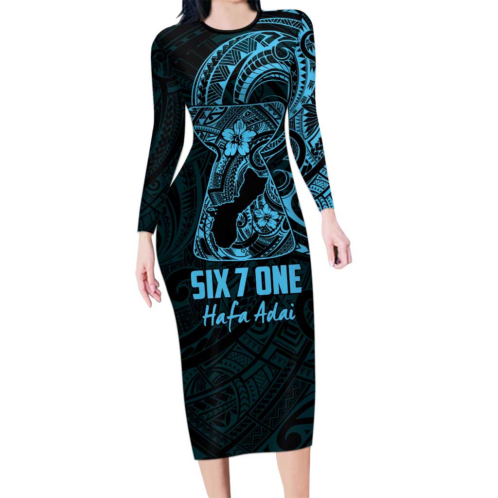 Blue Guam Latte Stone Tribal Tattoo Family Matching Long Sleeve Bodycon Dress and Hawaiian Shirt Hafa Adai Six 7 One