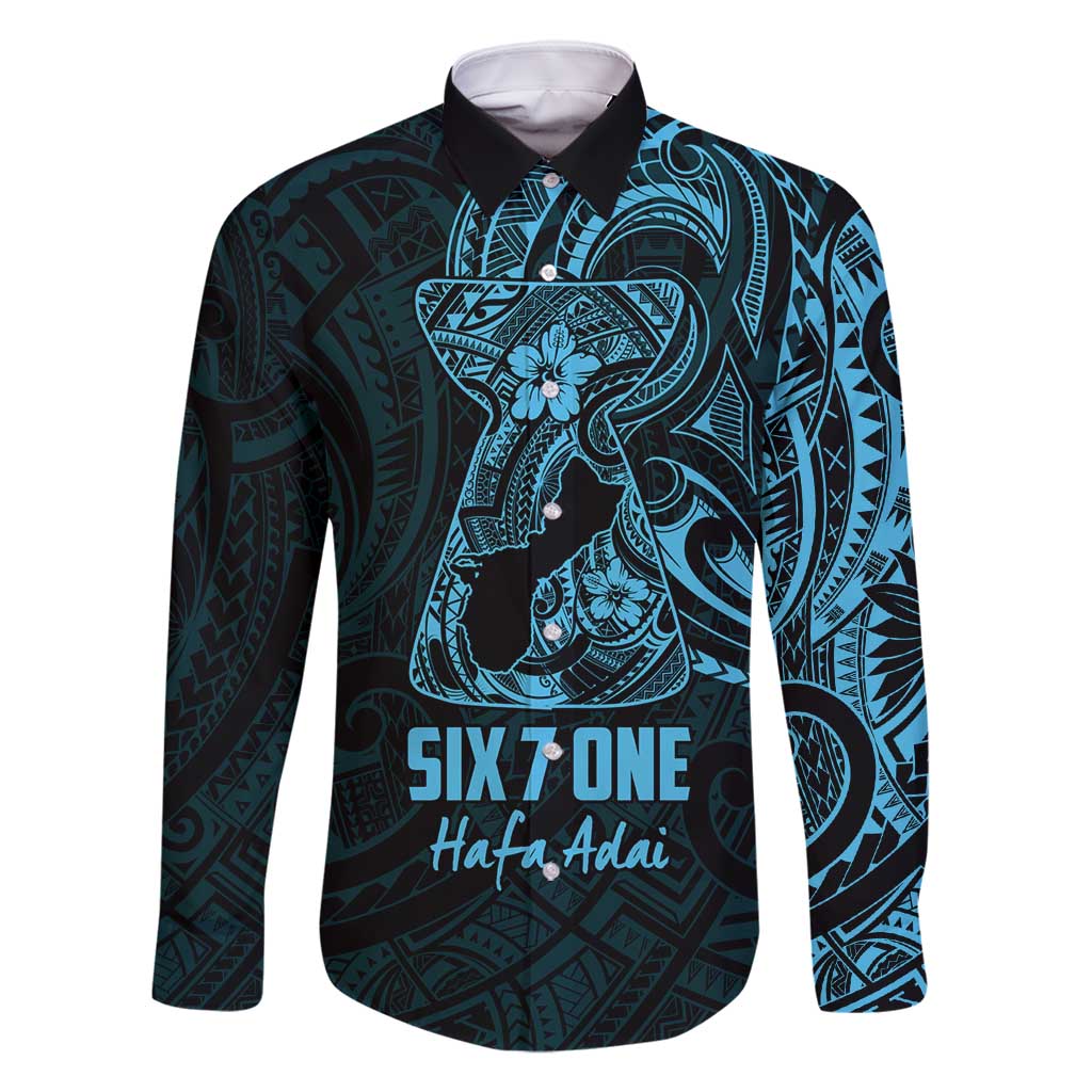 Blue Guam Latte Stone Tribal Tattoo Family Matching Off Shoulder Maxi Dress and Hawaiian Shirt Hafa Adai Six 7 One