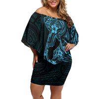 Blue Guam Latte Stone Tribal Tattoo Family Matching Off Shoulder Short Dress and Hawaiian Shirt Hafa Adai Six 7 One