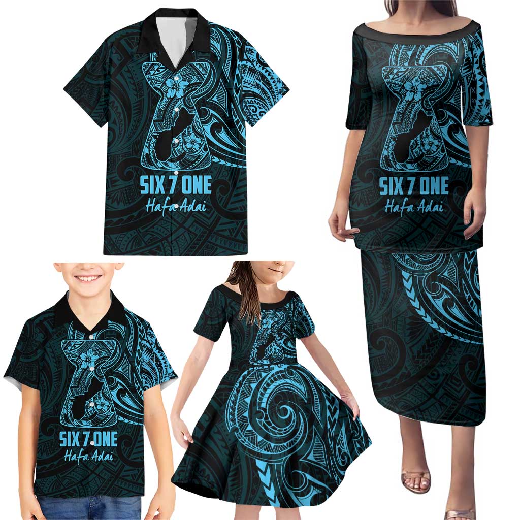 Blue Guam Latte Stone Tribal Tattoo Family Matching Puletasi and Hawaiian Shirt Hafa Adai Six 7 One