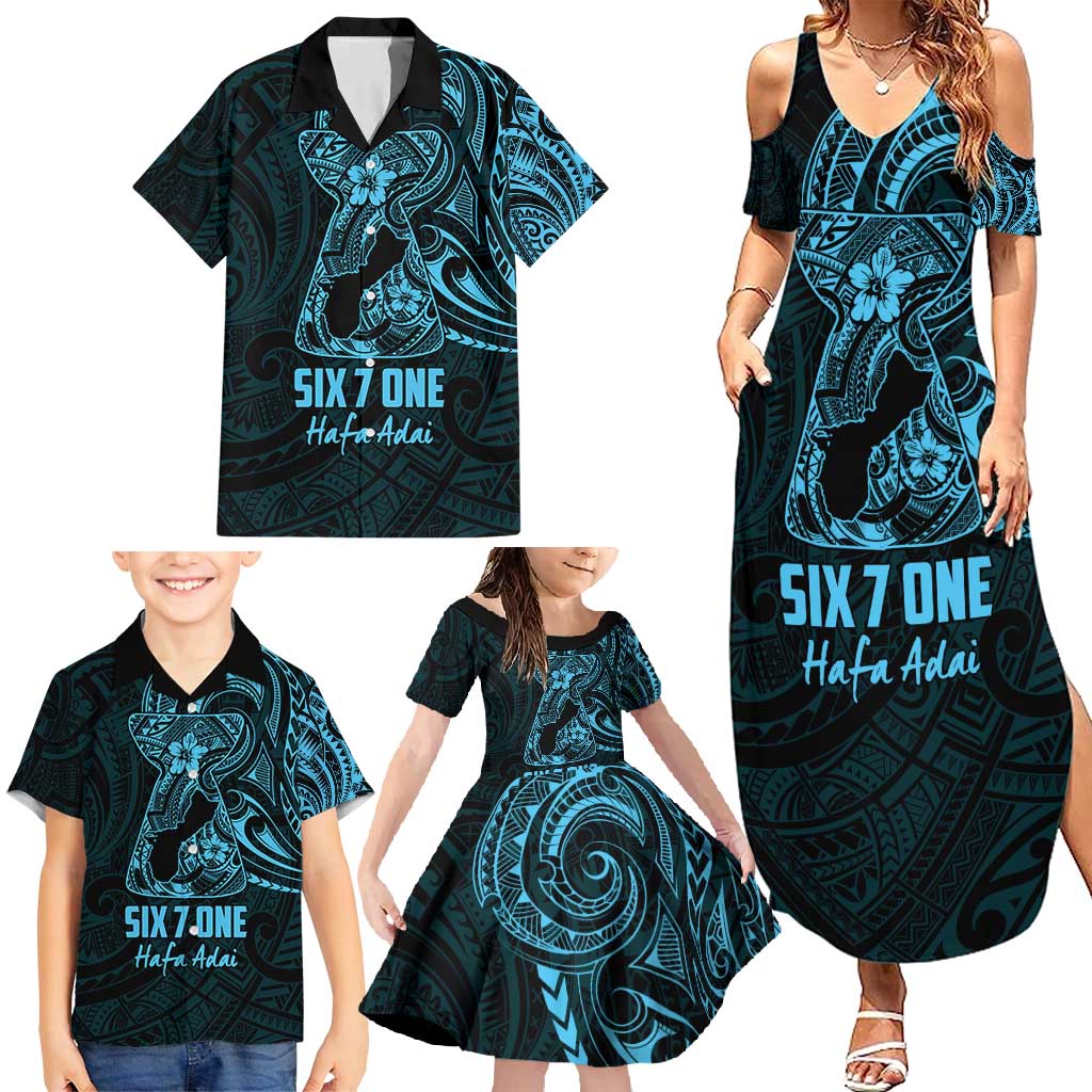 Blue Guam Latte Stone Tribal Tattoo Family Matching Summer Maxi Dress and Hawaiian Shirt Hafa Adai Six 7 One