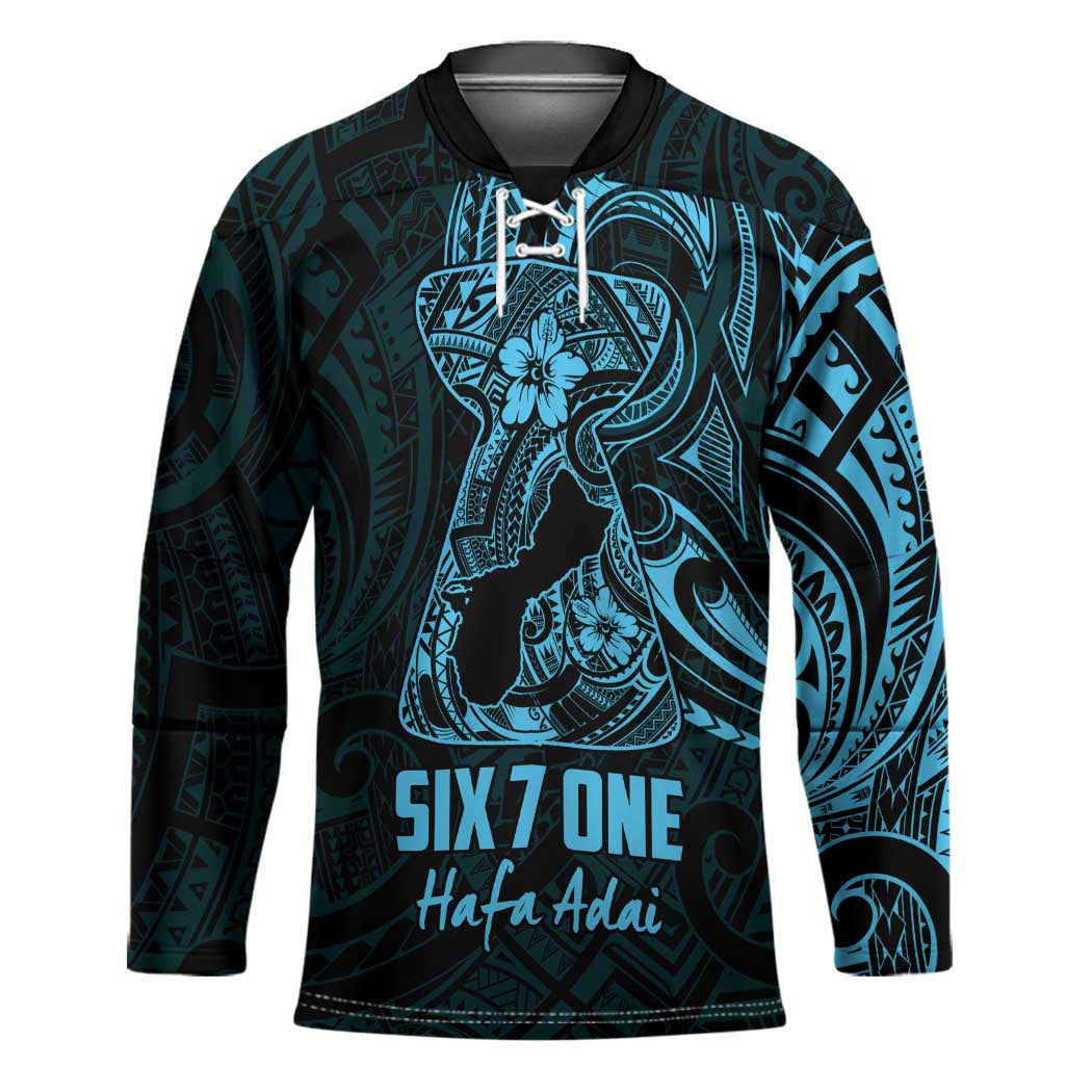 Blue Guam Latte Stone Tribal Tattoo Hockey Jersey Hafa Adai Six 7 One - Polynesian Pride
