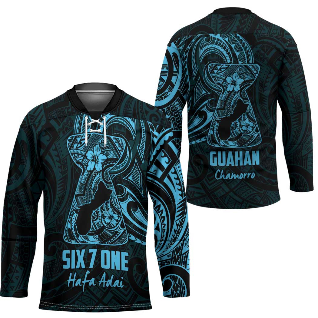 Blue Guam Latte Stone Tribal Tattoo Hockey Jersey Hafa Adai Six 7 One - Polynesian Pride