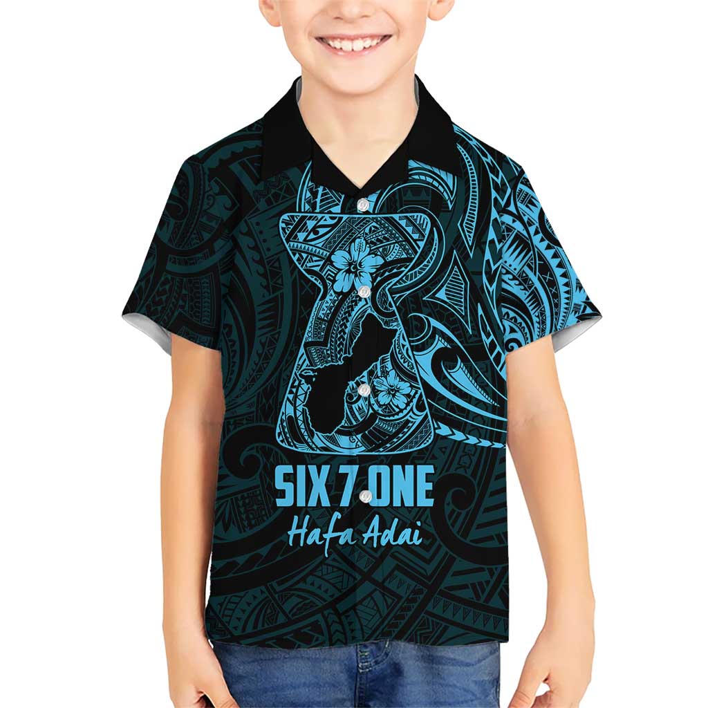 Blue Guam Latte Stone Tribal Tattoo Kid Hawaiian Shirt Hafa Adai Six 7 One