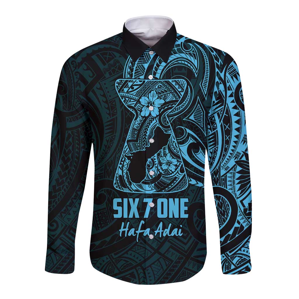 Blue Guam Latte Stone Tribal Tattoo Long Sleeve Button Shirt Hafa Adai Six 7 One