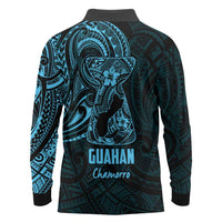 Blue Guam Latte Stone Tribal Tattoo Long Sleeve Polo Shirt Hafa Adai Six 7 One