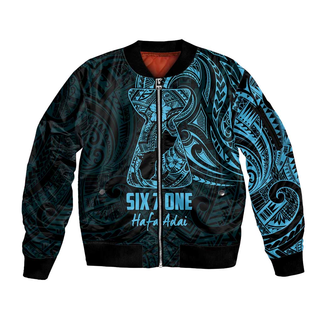Blue Guam Latte Stone Tribal Tattoo Sleeve Zip Bomber Jacket Hafa Adai Six 7 One LT9 Unisex Blue - Polynesian Pride