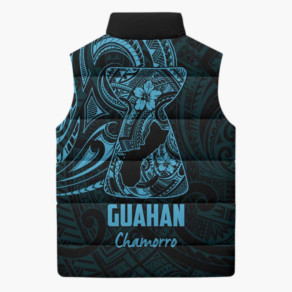 Blue Guam Latte Stone Tribal Tattoo Sleeveless Puffer Jacket Hafa Adai Six 7 One - Polynesian Pride