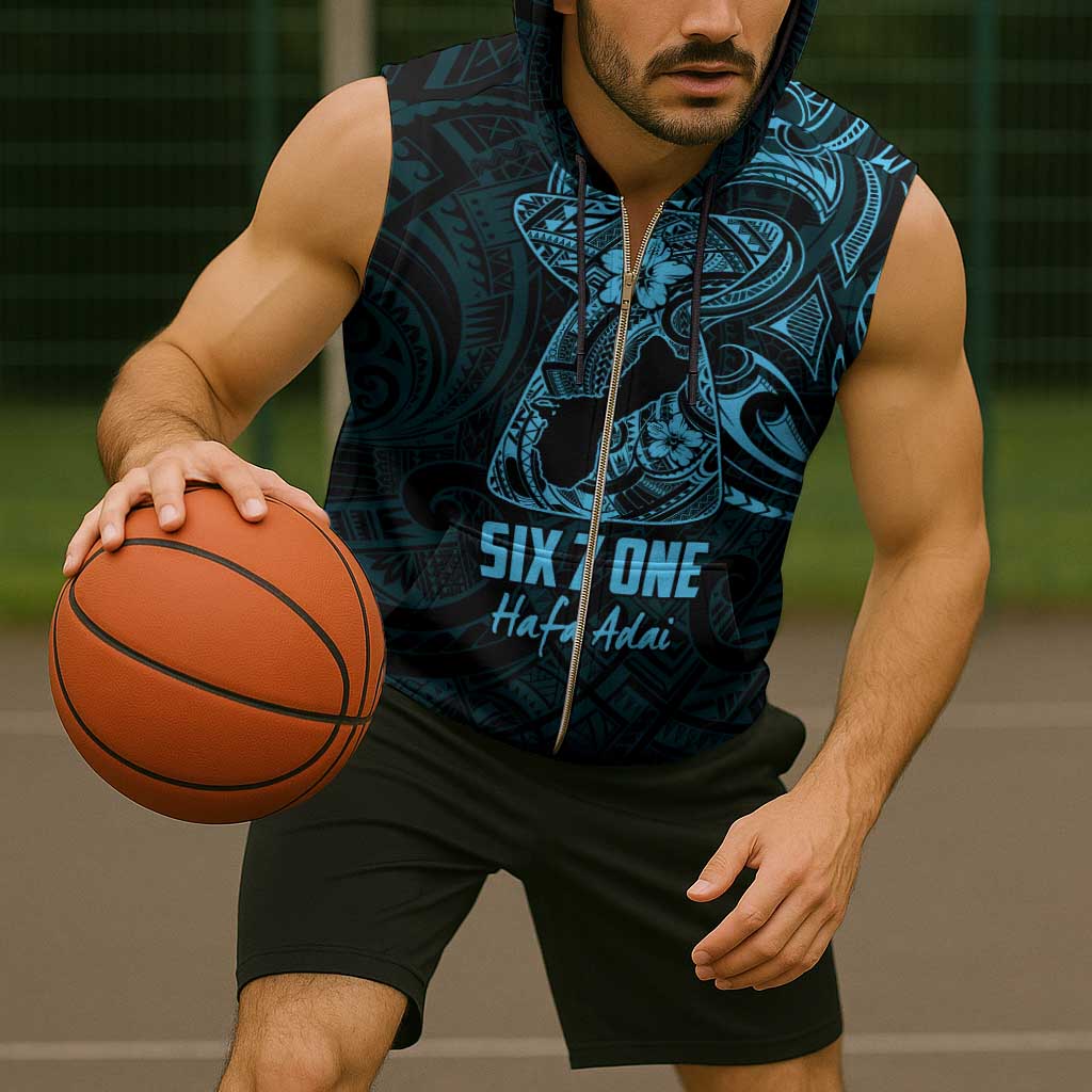 Blue Guam Latte Stone Tribal Tattoo Sleeveless Zip Hoodie Hafa Adai Six 7 One - Polynesian Pride