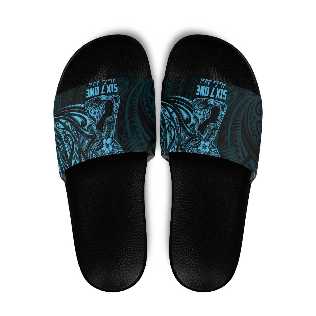 Blue Guam Latte Stone Tribal Tattoo Slide Sandals Hafa Adai Six 7 One - Polynesian Pride