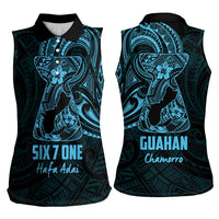 Blue Guam Latte Stone Tribal Tattoo Women Sleeveless Polo Shirt Hafa Adai Six 7 One