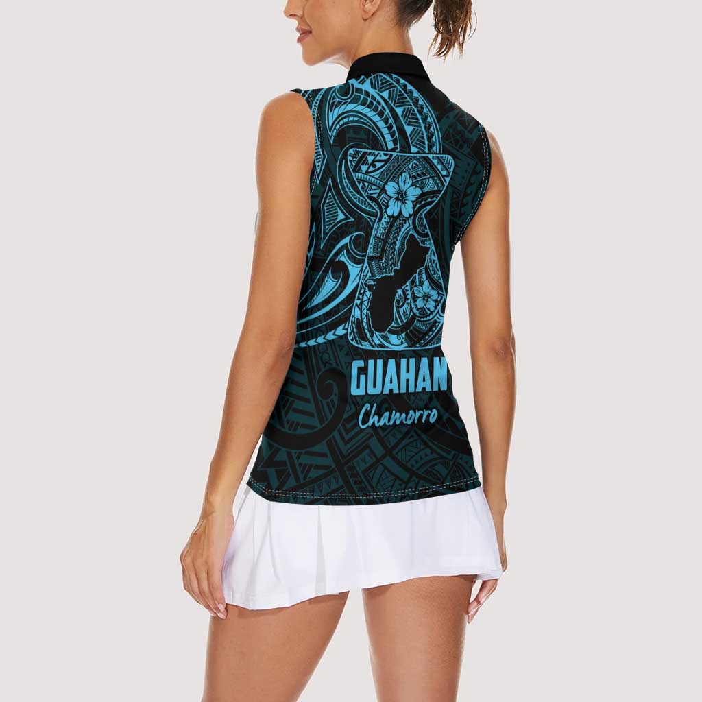 Blue Guam Latte Stone Tribal Tattoo Women Sleeveless Polo Shirt Hafa Adai Six 7 One