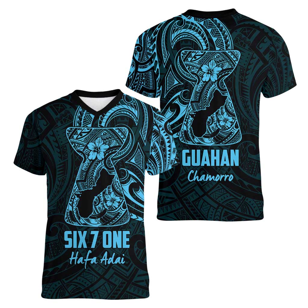 Blue Guam Latte Stone Tribal Tattoo Women V-Neck T-Shirt Hafa Adai Six 7 One