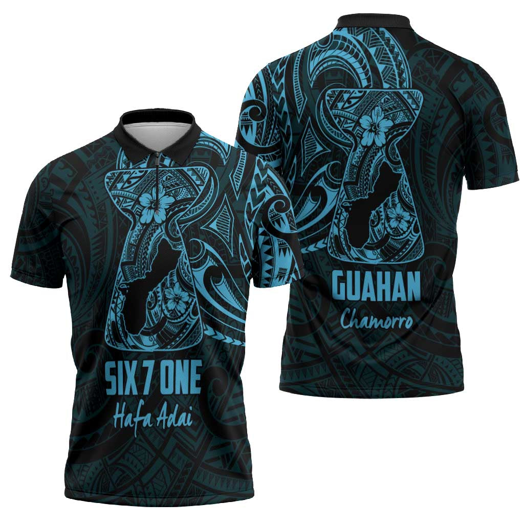 Blue Guam Latte Stone Tribal Tattoo Zipper Polo Shirt Hafa Adai Six 7 One - Polynesian Pride
