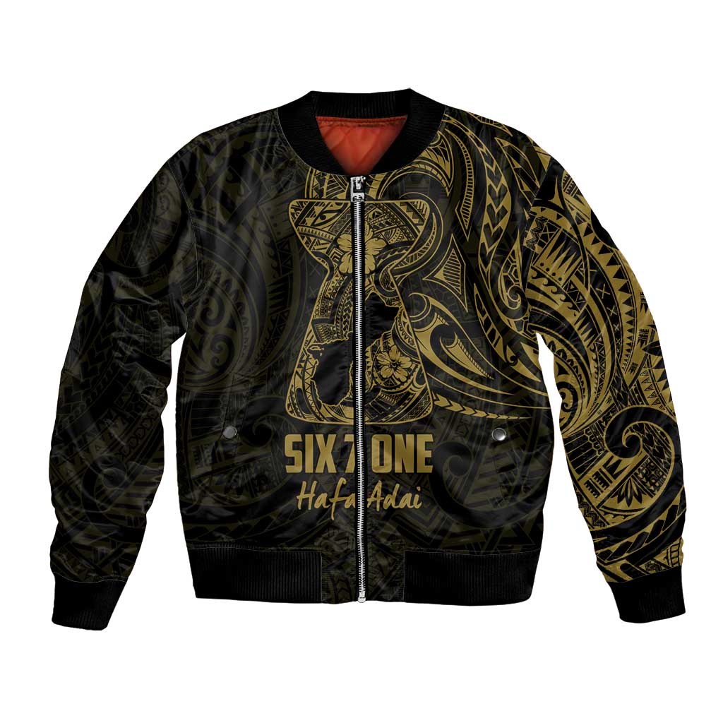 Gold Guam Latte Stone Tribal Tattoo Bomber Jacket Hafa Adai Six 7 One LT9 Unisex Gold - Polynesian Pride