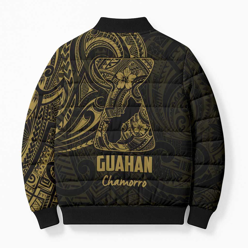 Gold Guam Latte Stone Tribal Tattoo Bomber Puffer Jacket Hafa Adai Six 7 One - Polynesian Pride