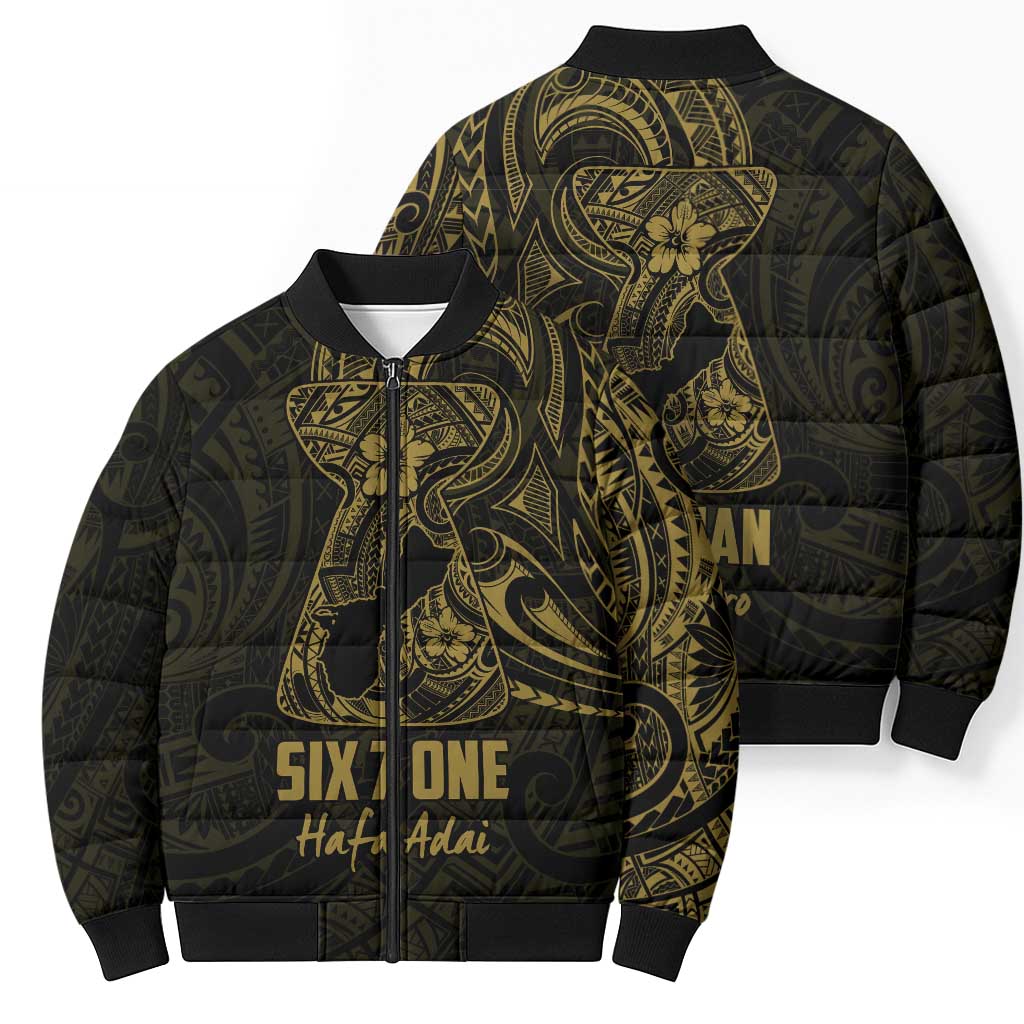 Gold Guam Latte Stone Tribal Tattoo Bomber Puffer Jacket Hafa Adai Six 7 One - Polynesian Pride