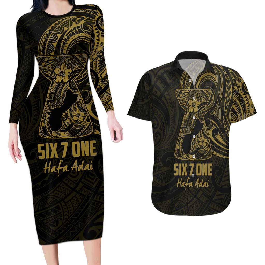 Gold Guam Latte Stone Tribal Tattoo Couples Matching Long Sleeve Bodycon Dress and Hawaiian Shirt Hafa Adai Six 7 One